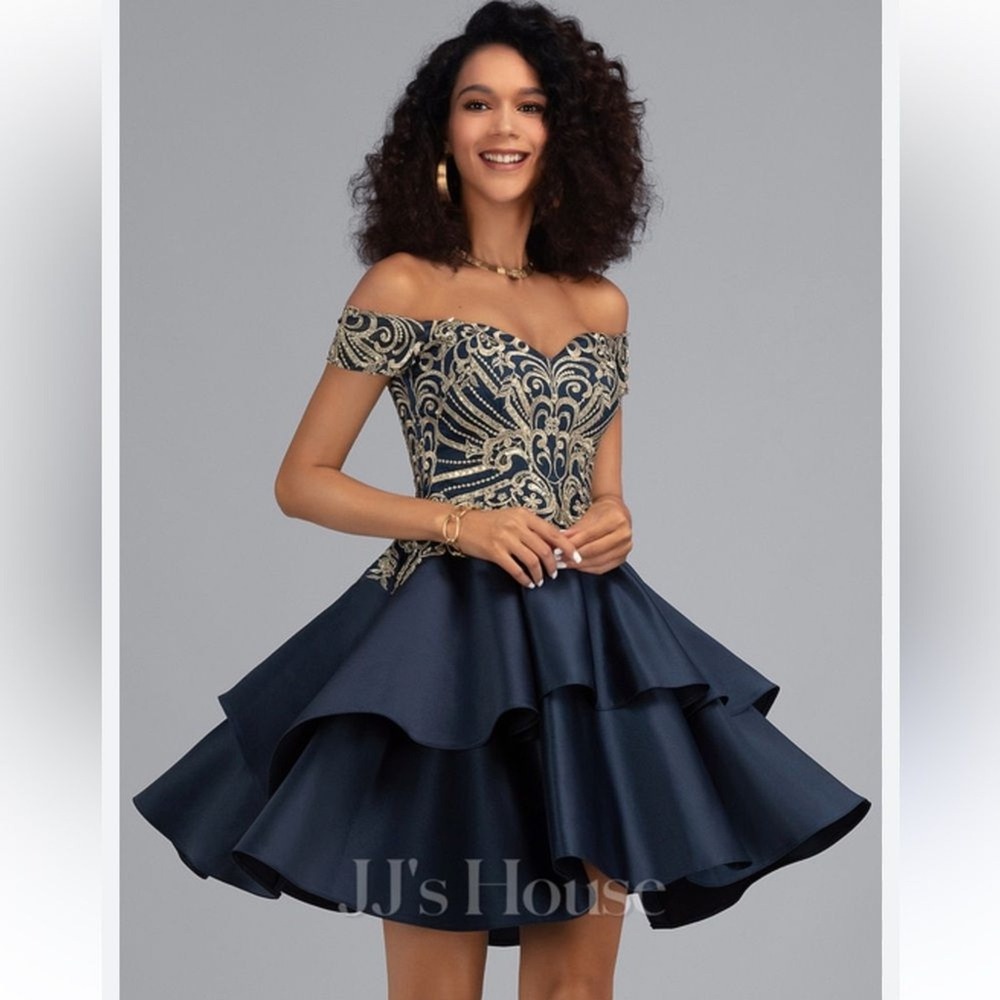 JJ'S A-line Off the Shoulder Short Satin Homecoming Formal Dress Navy 12 NWT